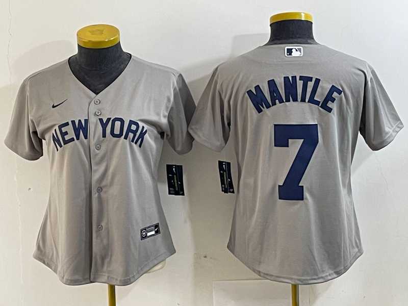 Womens New York Yankees #7 Mickey Mantle Name 2021 Grey Field of Dreams Cool Base Stitched Jersey